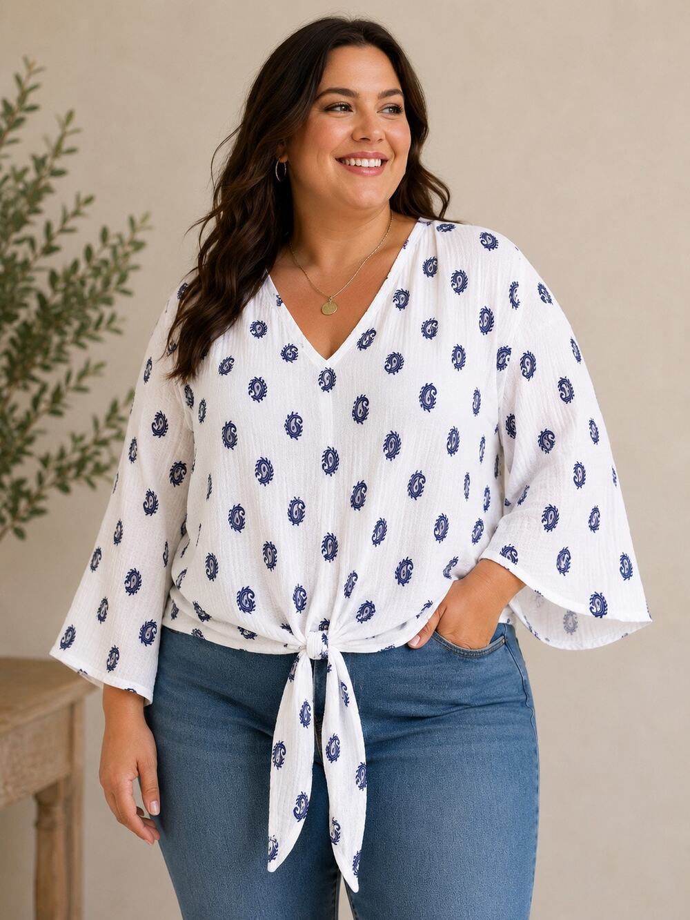 Women’s White Blue Paisley Tie Front Blouse Joie 3X NWT V Neck Bell Sleeve
